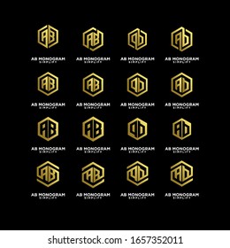 set of gold ab, ba, a b initial monogram hexagon letter black logo design with black background