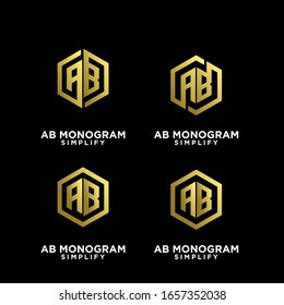 set of gold ab, ba, a b initial monogram hexagon letter black logo design with black background