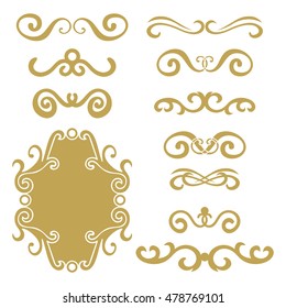 Set of gold abstract curly headers, design element set isolated on white background. Hand drawn golden swirls. Floral round frame, wreath, dividers, calligraphic shapes. Vector illustration. 