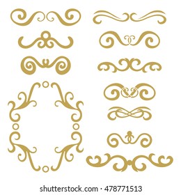 Set of gold abstract curly headers, design element set isolated on white background. Hand drawn golden swirls. Floral round frame, wreath, dividers, calligraphic shapes. Vector illustration. 
