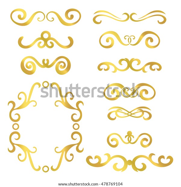Set of gold abstract curly headers, design element set\
isolated on white background. Hand drawn golden swirls. Floral\
round frame, wreath, dividers, calligraphic shapes. Vector\
illustration. 