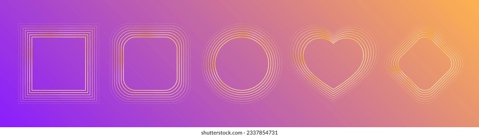 Set of gold abstract frames. Gradient purple background. Blended lines effect. Geometric shapes: square, circle, heart, rhombus