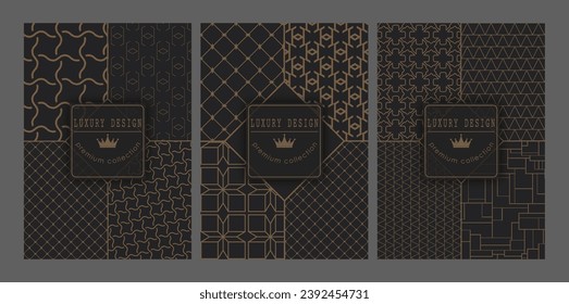 A set of gold abstract patterns on a black background. Template for packaging design, cover, invitation, banner and creative idea