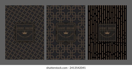 Un conjunto de patrones abstractos de oro sobre un fondo negro. Plantilla para el diseño, portada, invitación, banner e idea creativa de empaque