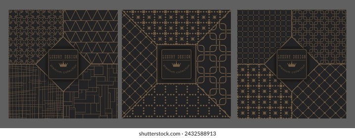 Conjunto de patrones abstractos dorados sobre fondo negro. Plantilla para diseño de envases, portada, invitación, banner e idea creativa