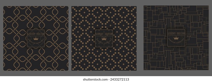 A set of gold abstract patterns on a black background. Template for packaging design, cover, invitation, banner and creative idea