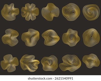 Set of gold abstract shapes. Shapeless geometric figures from lines. Gradient dynamic elements for poster, brochure, playbill, booklet design. Vector graphics