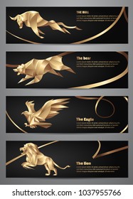 Set of Gold animal banners, Vector illustration.