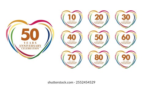 Conjunto de celebración de aniversario de oro con Vector de logotipo de amor colorido. colecciones de Plantilla de diseño de logotipo de celebración de aniversario de Premium