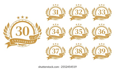 Set of Gold anniversary celebration logo vector. Premium 30th - 39th anniversary celebration emblem logo design template collections