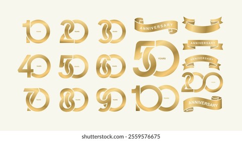 Set of gold anniversary pictogram icon. Logo year numbers 10, 20, 30, 40, 50, 60, 70, 80, 90, years birthday logo label, golden stamp. Festive ribbons, decoration Vector logo numbers illustration.