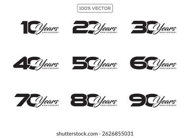 Set of gold anniversary pictogram icon. Logo year numbers 10, 20, 30, 40, 50, 60, 70, 80, 90, years birthday logo label, golden stamp.decoration Vector logo numbers