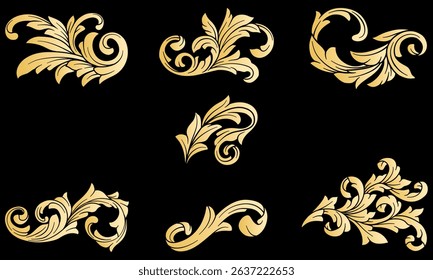 Set Of Gold Arabesque Floral Ornament Vector. Golden Baroque flourish filigree ornate decor elements. Luxury rococo acanthus leaf calligraphic art deco element.