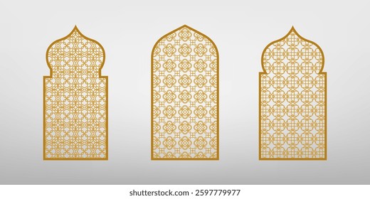 Set of gold arabic frame silhouettes. Vector illustration. Arabic traditional architecture icons. Borders with Arabic designs