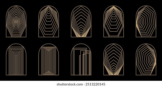 Set of gold arch frames isolated on black background. Modern aesthetic linear arch frames. Arc shapes in boho style. Vector illustration. Aesthetic geometric arch elements. geometric arch collection.