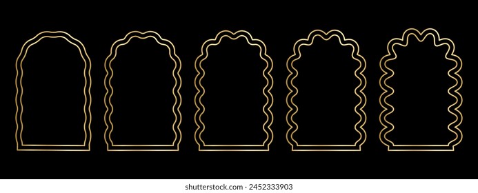 Set of gold arch frames with wiggly edges. Golden archway shapes with scallop borders. Wavy vignettes or mirrors, portals or doors, empty text boxes isolated on dark background. Vector illustration.