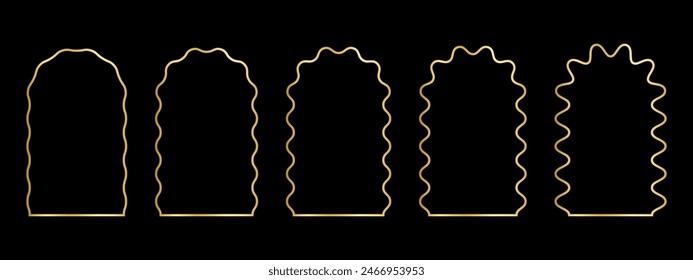 Set of gold arch frames with wiggly edges. Golden archway shapes with scallop borders. Wavy mirrors, portals or doors, empty text boxes or banners isolated on dark background. Vector illustration.