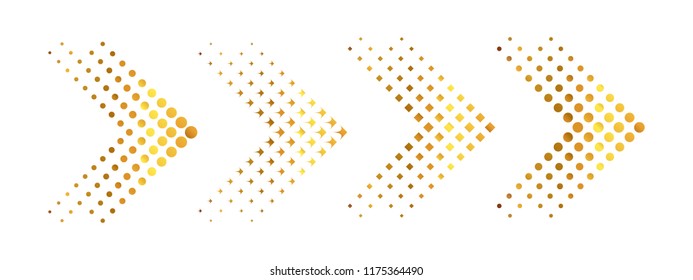 Set of gold arrows with halftone effect. Vector illustration. Arrows collection isolated