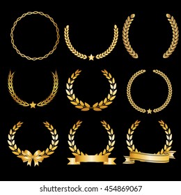 Set of gold award laurel wreaths and ribbon  on dark background, vector illustration.