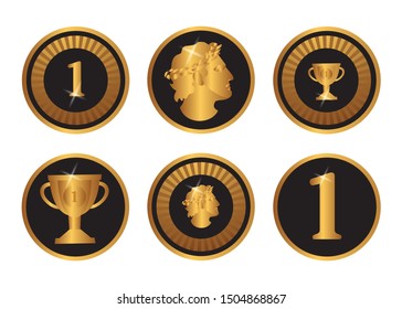 Set of gold award medals, front and back sides. Vector illustration