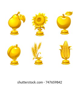 Set of gold award. Trophy icons for games. Golden plant as a reward for the game. Cartoon reward for winner. Icons set  for GUI assets. User interface for game design. Vector illustration