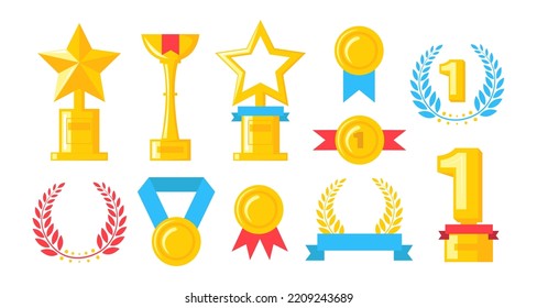 Set of gold awards in cartoon style. Vector illustration of first place award in uniform, cup, medal, wine on white background.