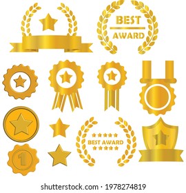 Set of gold awards.Golden seal with ribbons.Laurel wreath labels.Certificate of appreciation, award diploma icons.Gradient vector illustration.Achievement concept.First runner-up and third place.