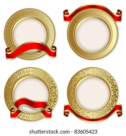 Set from  gold backgrounds with red ribbon on the white background