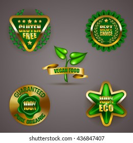 Set of gold badges with laurel wreath, star. Gluten free, best choice, vegan, 100 % pure organic. Eco friendly emblem, bio icon, logo, label, medal, sticker for web, page design. Illustration EPS 10