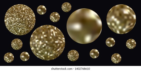 A set of gold balls of different sizes and different structures. Black background. Vector illustration.