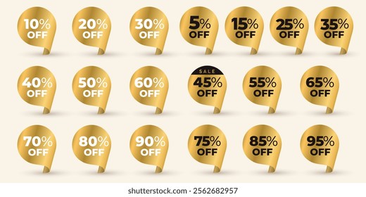 Set of gold banner speech bubble. 10, 20, 30, 40, 50, 60, 70, 80,90 percent off. Vector illustration. Bubble speech sale discount 15, 25, 35, 45, 55, 65, 75, 85, 95, 5% price flashsale golden.