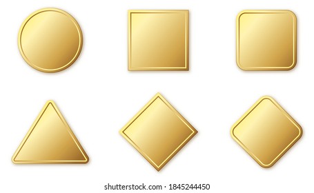 Banderas de oro. Marcos o insignias brillantes con sombras. Ilustración vectorial. Placas de oro vacías aisladas.