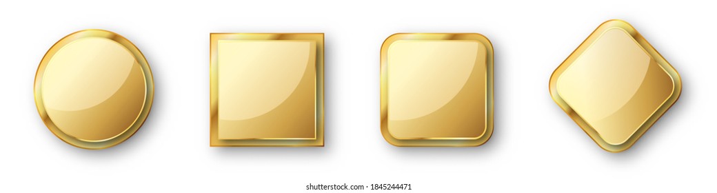 Set of gold banners. Glossy frames or badges with shadows. Vector illustration. Empty gold plates isolated.