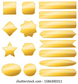 Set of gold banners isolated. Vector metal plates of different shapes. Glossy buttons