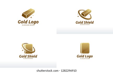 Set of Gold Bar logo designs, Gold Shield logo template, Finance Gold logo 