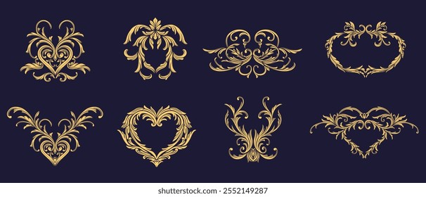 Conjunto barroco dorado, filigrana ornamental. Elegante Antiguas Tracery, heráldico, corazón, nubes, elemento de patrón arabesco. Elegante marco victoriano, esquina de la frontera, ornamento floral scroll ilustración grabada