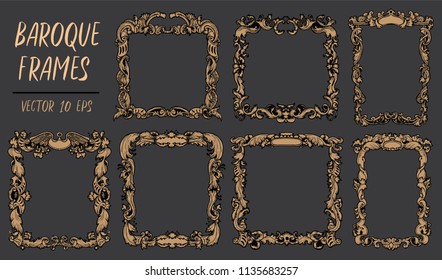 Set with gold baroque frames in rococo style with retro ornament. Hand drawn vector illustration, engraved drawings for cards, posters, invitations, print
