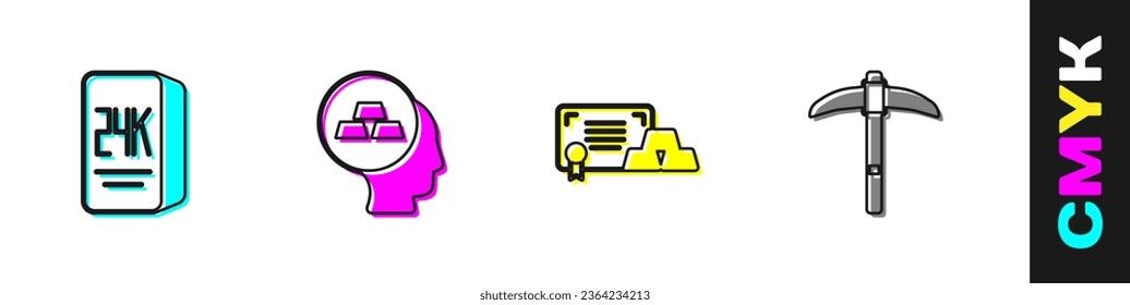 Establece barras Gold 24k, con certificado e icono Pickaxe. Vector