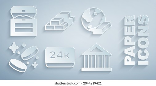Set Gold bars 24k, coin money, Bank building, Stacks paper cash and Antique treasure chest icon. Vector