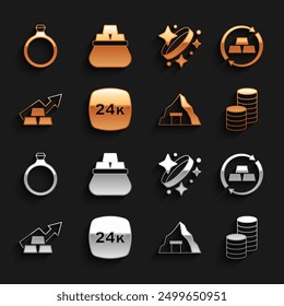 Set Gold bars 24k, exchange money, coin, mine, Growth arrow with gold, ring,  and Bag of icon. Vector