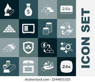 Set Gold bars 24k, exchange money, Safe, Molten gold being poured and coin icon. Vector