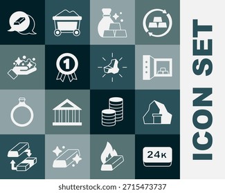 Set Gold bars 24k, mine, Safe with gold, Bag of, Medal,  and nugget icon. Vector