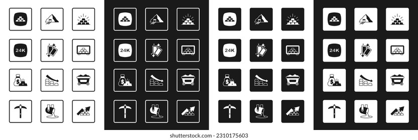Set Gold bars, 24k, Safe with gold, mine, Mine cart and Bag of icon. Vector