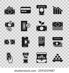 Set Gold bars, ATM and money, Stacks paper cash, Inserting coin,  and Money plant the pot icon. Vector