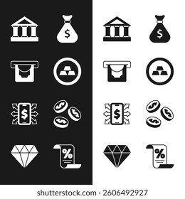Set Gold bars, ATM and money, Bank building, Money bag, Smartphone with dollar, Coin, Finance document and Diamond icon. Vector