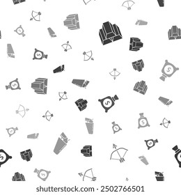 Set Gold bars, Bow and arrow in quiver, Money bag and Revolver gun holster on seamless pattern. Vector
