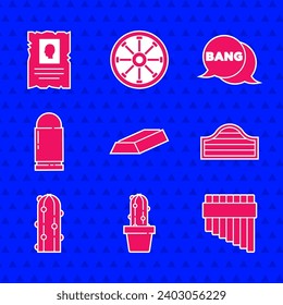 Set Gold bars, Cactus peyote in pot, Pan flute, Saloon door, Bullet, Bang boom, gun Comic and Wanted western poster icon. Vector