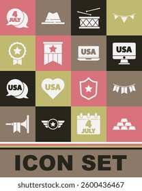Set Gold bars, Carnival garland with flags, USA on monitor, Drum drum sticks, American, Medal star, Independence day and laptop icon. Vector