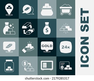 Coloca barras de oro con certificado, 24k, Bolsa de oro, dinero de cambio e icono de la bolsa vieja. Vector