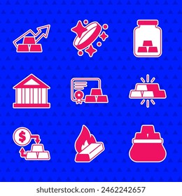 Set Gold bars with certificate, Molten gold being poured, Bag of, exchange money, Bank building,  and Growth arrow icon. Vector